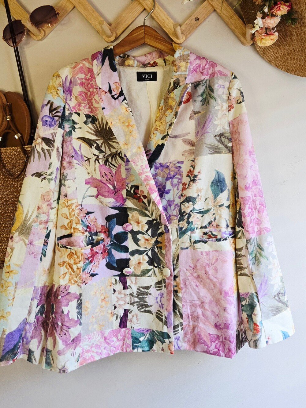 VICI Floral Patchwork Blazer in Pink, Cream & Green